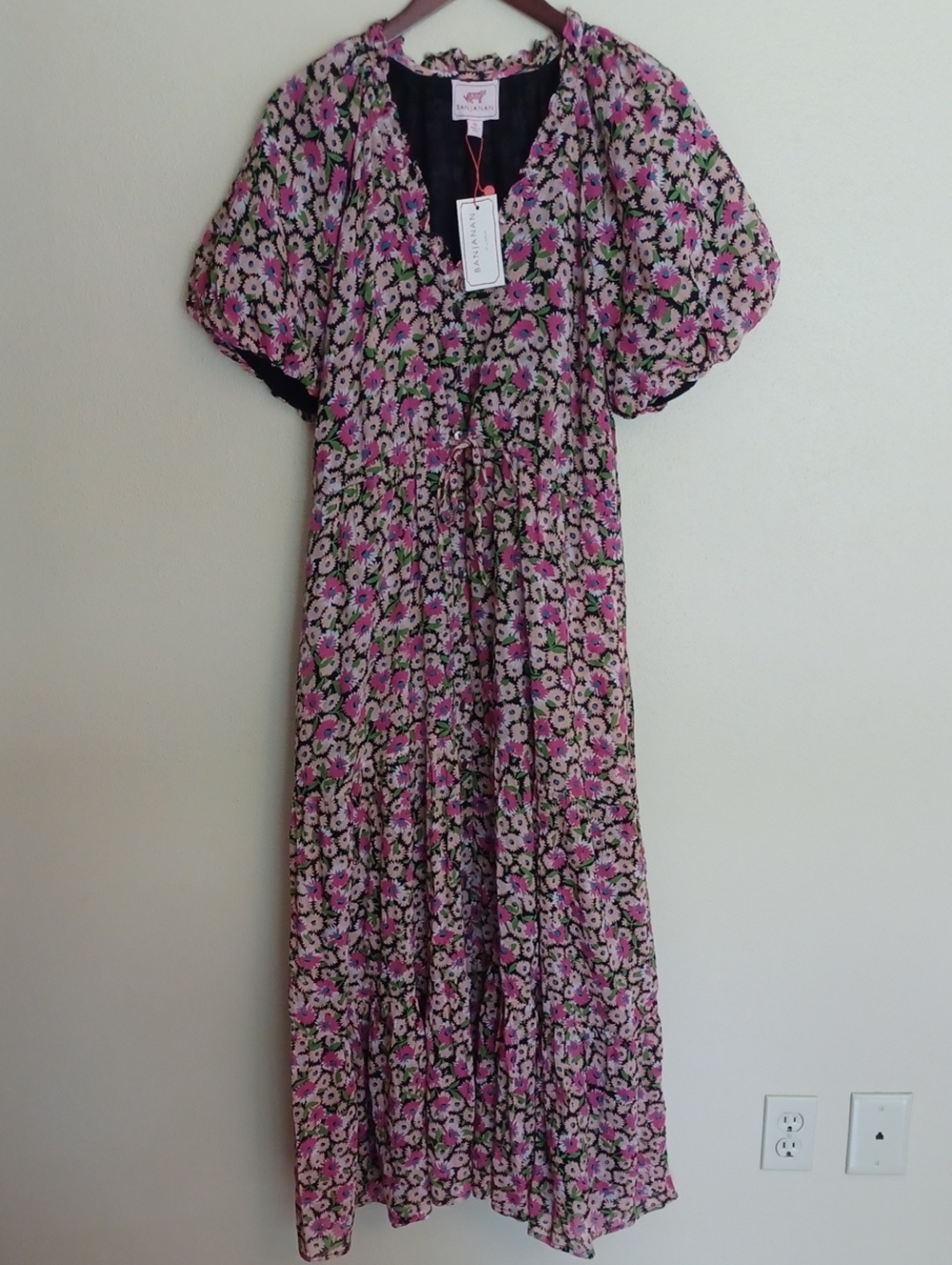 Banjanan Poppy Dress Tier Ruffled V-Neck Maxi Dress SZ XL Pockets Boho NEW